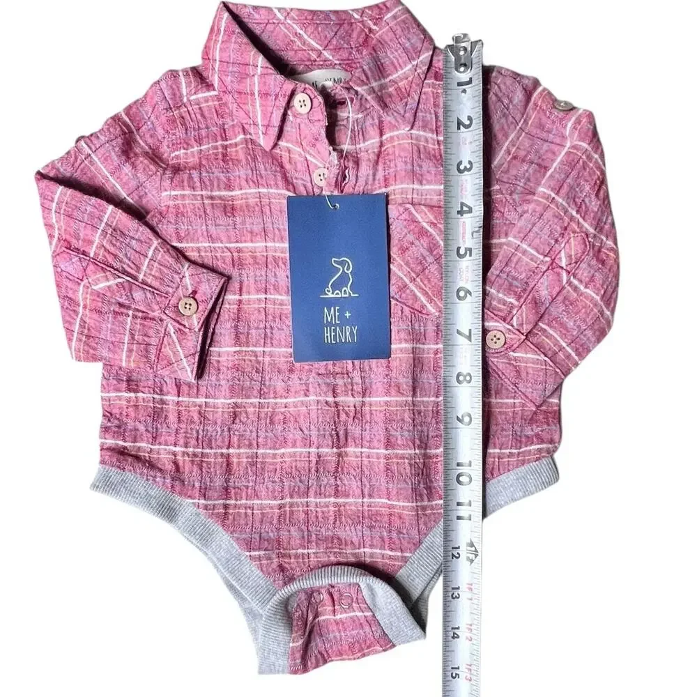 Me & Henry Infant Bodysuit Baby Boy 3-6M Red Brown Plaid Woven 3 Button Shirtzie
